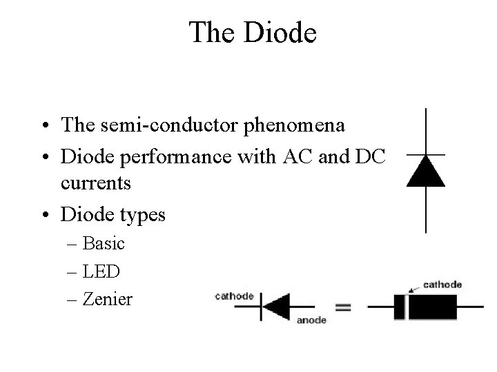 The Diode • The semi-conductor phenomena • Diode performance with AC and DC currents