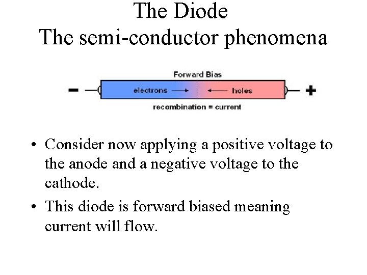 The Diode The semi-conductor phenomena • Consider now applying a positive voltage to the