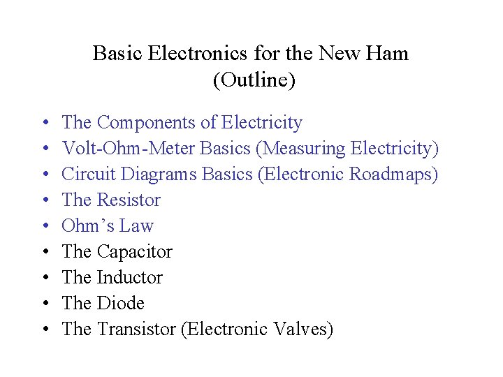 Basic Electronics for the New Ham (Outline) • • • The Components of Electricity