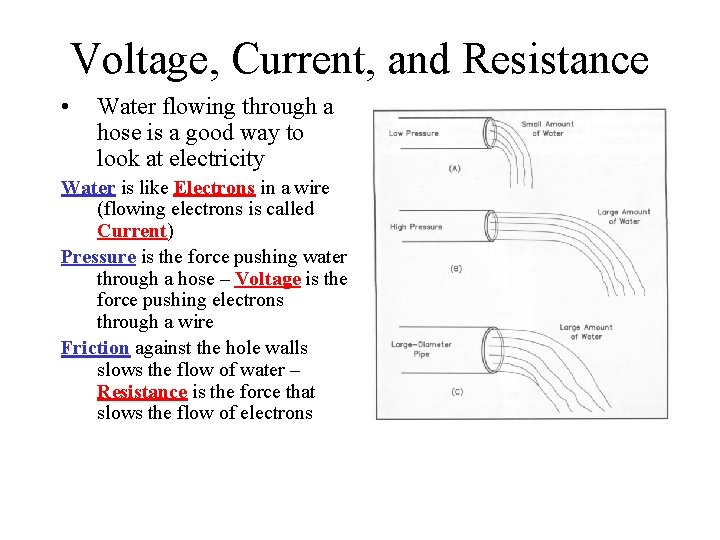 Voltage, Current, and Resistance • Water flowing through a hose is a good way