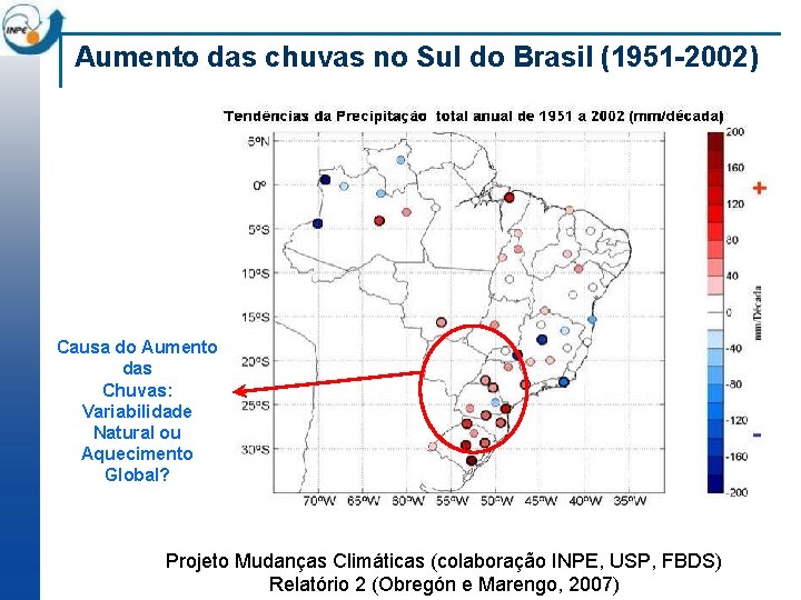 Aumento das chuvas no Sul do Brasil (1951 -2002) Causa do Aumento das Chuvas: