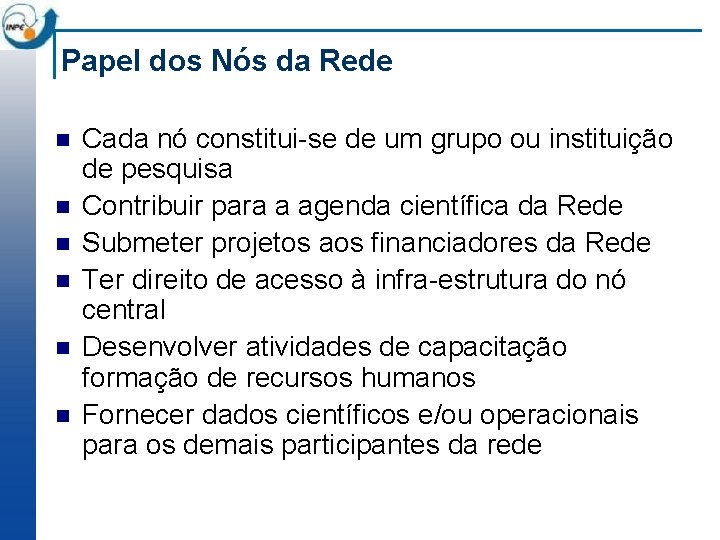 Papel dos Nós da Rede n n n Cada nó constitui-se de um grupo