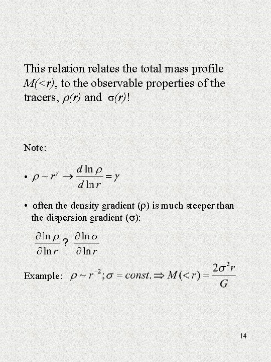This relation relates the total mass profile M(<r), to the observable properties of the