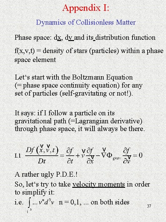 Appendix I: Dynamics of Collisionless Matter Phase space: dx, dv and its distribution function
