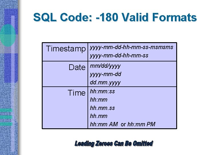 SQL Code: -180 Valid Formats Timestamp yyyy-mm-dd-hh-mm-ss-msmsms yyyy-mm-dd-hh-mm-ss Date mm/dd/yyyy-mm-dd dd. mm. yyyy Time