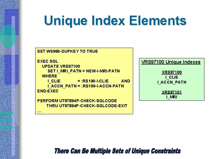Unique Index Elements SET WS 960 -DUPKEY TO TRUE EXEC SQL UPDATE VRS 97100
