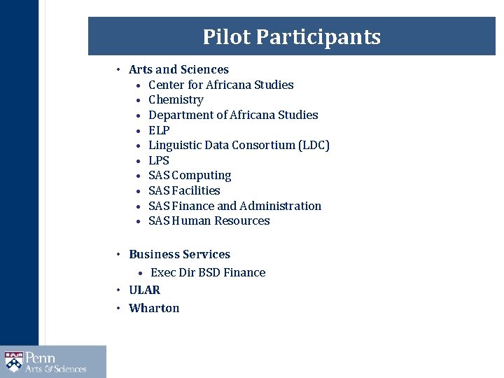 Pilot Participants • Arts and Sciences • Center for Africana Studies • Chemistry •