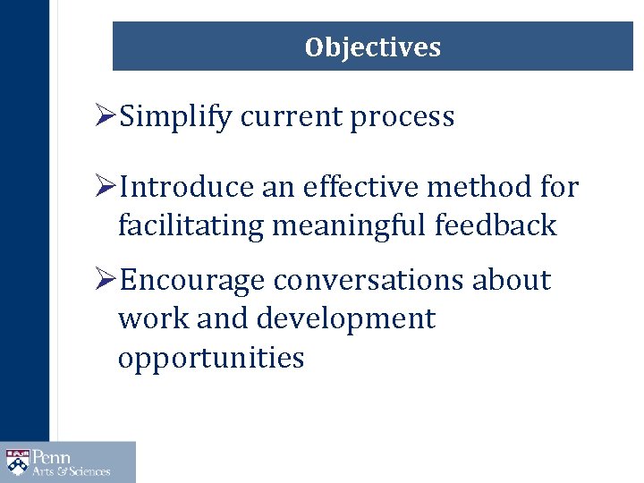 Objectives ØSimplify current process ØIntroduce an effective method for facilitating meaningful feedback ØEncourage conversations