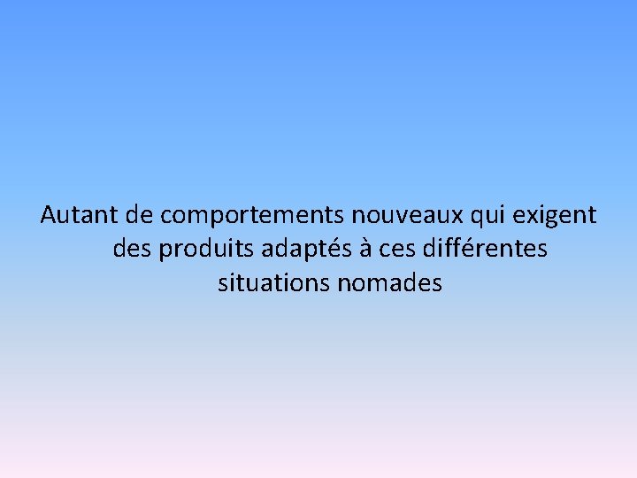 Autant de comportements nouveaux qui exigent des produits adaptés à ces différentes situations nomades