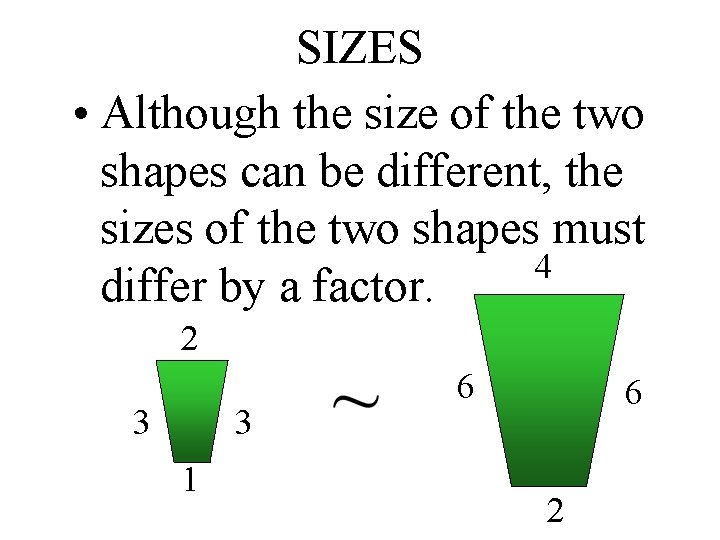 SIZES • Although the size of the two shapes can be different, the sizes