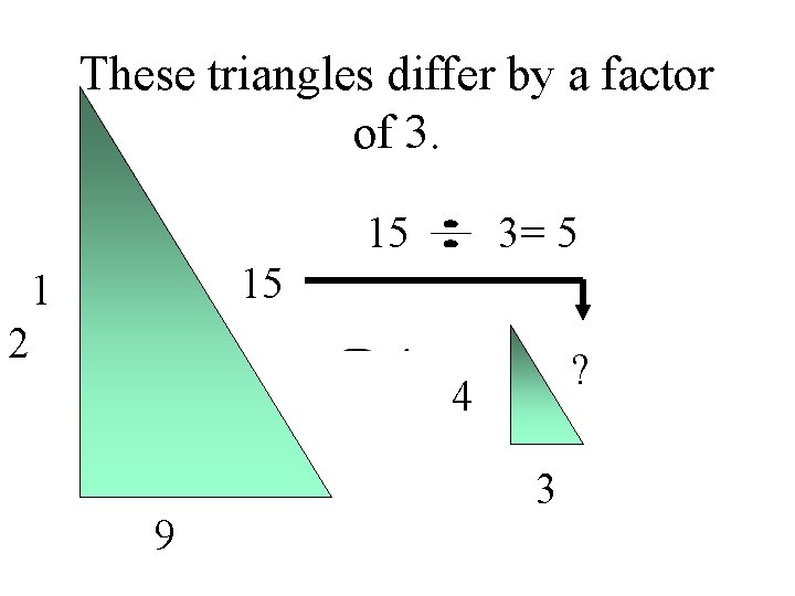 These triangles differ by a factor of 3. 15 3= 5 15 1 2
