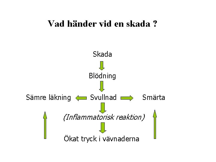 Vad händer vid en skada ? Skada Blödning Sämre läkning Svullnad Smärta (Inflammatorisk reaktion)