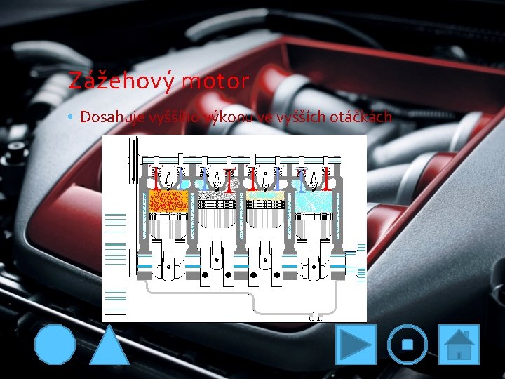 Zážehový motor • Dosahuje vyššího výkonu ve vyšších otáčkách 