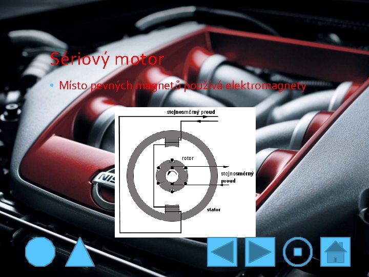 Sériový motor • Místo pevných magnetů používá elektromagnety 