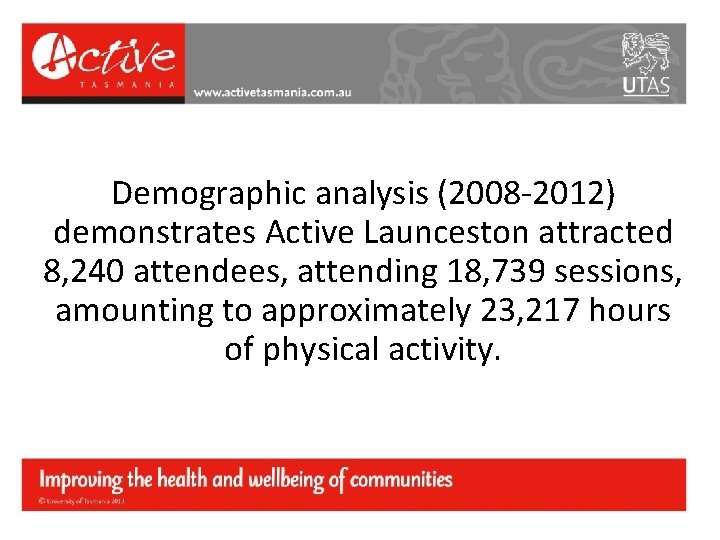 Demographic analysis (2008 -2012) demonstrates Active Launceston attracted 8, 240 attendees, attending 18, 739