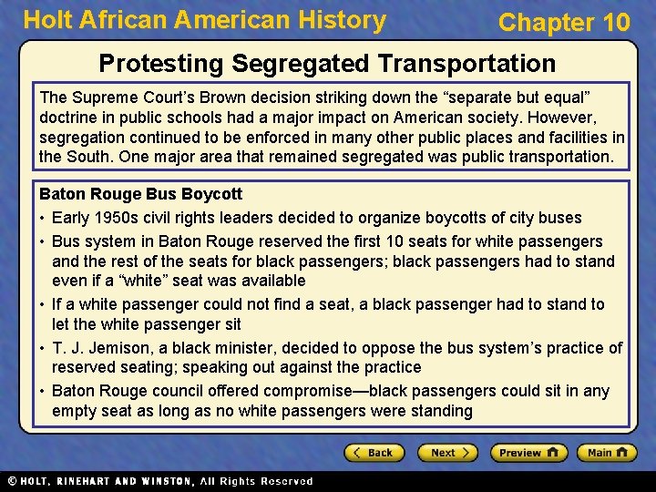 Holt African American History Chapter 10 Protesting Segregated Transportation The Supreme Court’s Brown decision
