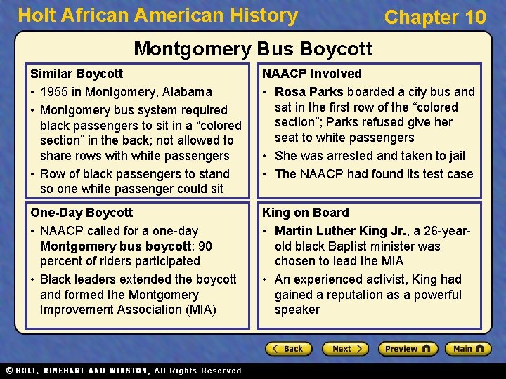 Holt African American History Chapter 10 Montgomery Bus Boycott Similar Boycott • 1955 in