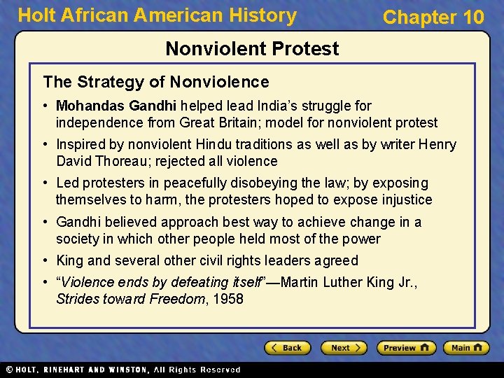 Holt African American History Chapter 10 Nonviolent Protest The Strategy of Nonviolence • Mohandas