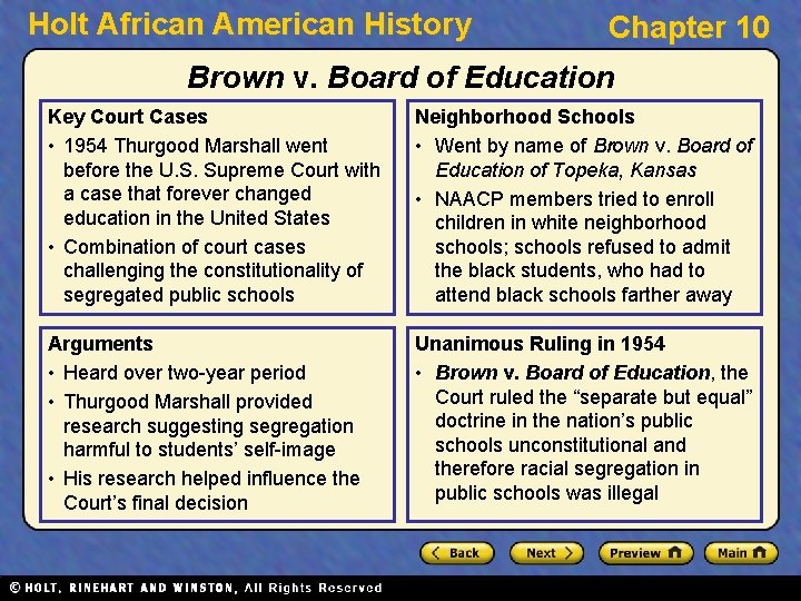 Holt African American History Chapter 10 Brown v. Board of Education Key Court Cases