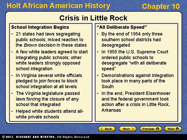 Holt African American History Chapter 10 Crisis in Little Rock School Integration Begins •