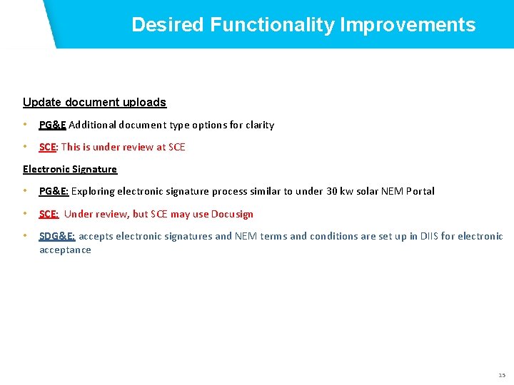 Desired Functionality Improvements Update document uploads • PG&E Additional document type options for clarity