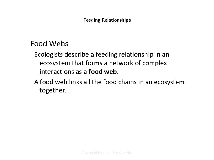 Feeding Relationships Food Webs Ecologists describe a feeding relationship in an ecosystem that forms