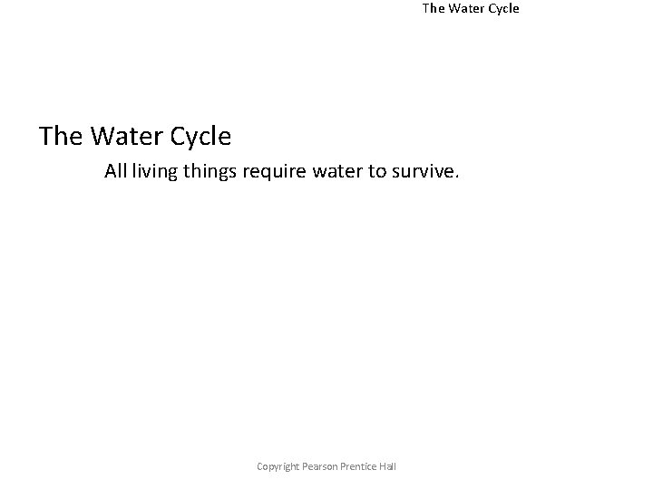 The Water Cycle All living things require water to survive. Copyright Pearson Prentice Hall