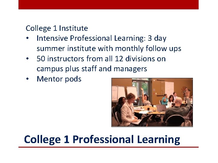 College 1 Institute • Intensive Professional Learning: 3 day summer institute with monthly follow