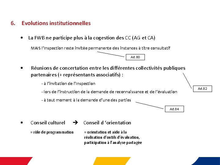 6. Evolutions institutionnelles • La FWB ne participe plus à la cogestion des CC