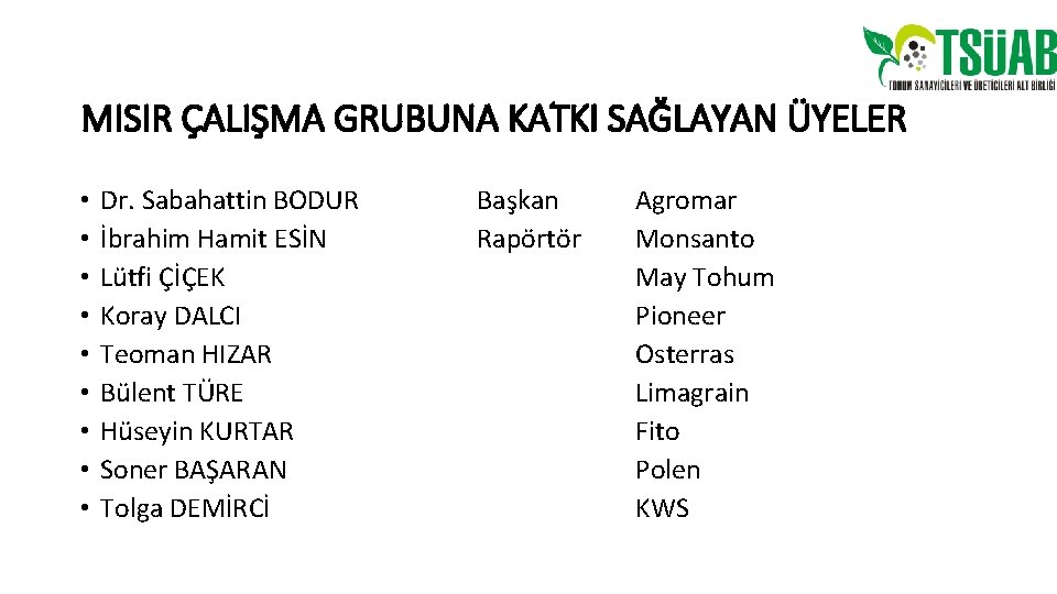 MISIR ÇALIŞMA GRUBUNA KATKI SAĞLAYAN ÜYELER • • • Dr. Sabahattin BODUR İbrahim Hamit