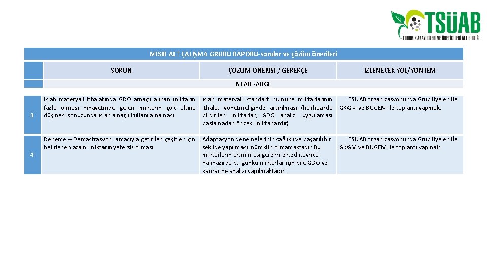 MISIR ALT ÇALIŞMA GRUBU RAPORU-sorular ve çözüm önerileri SORUN 3 4 ÇÖZÜM ÖNERİSİ /