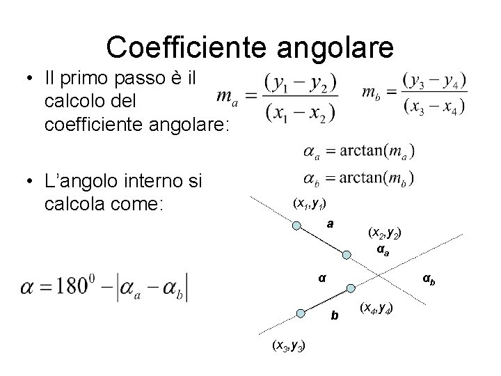 Coefficiente angolare • Il primo passo è il calcolo del coefficiente angolare: • L’angolo