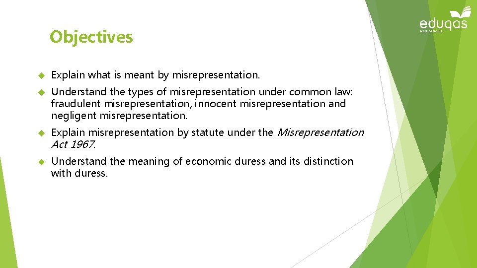 Objectives Explain what is meant by misrepresentation. Understand the types of misrepresentation under common