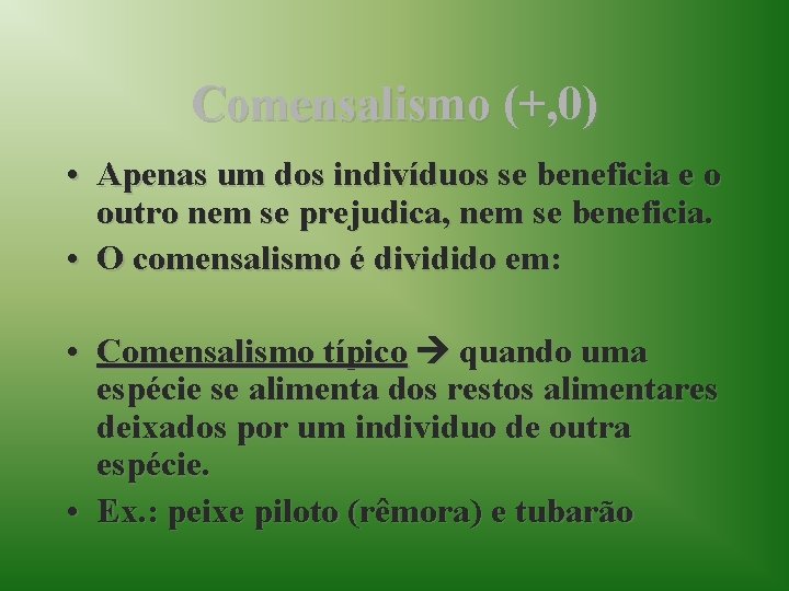 Comensalismo (+, 0) • Apenas um dos indivíduos se beneficia e o outro nem