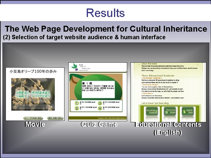 Results The Web Page Development for Cultural Inheritance (2) Selection of target website audience