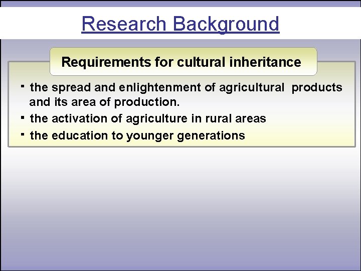 Research Background Requirements for cultural inheritance ・ the spread and enlightenment of agricultural products