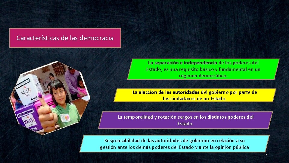 Características de las democracia La separación e independencia de los poderes del Estado, es