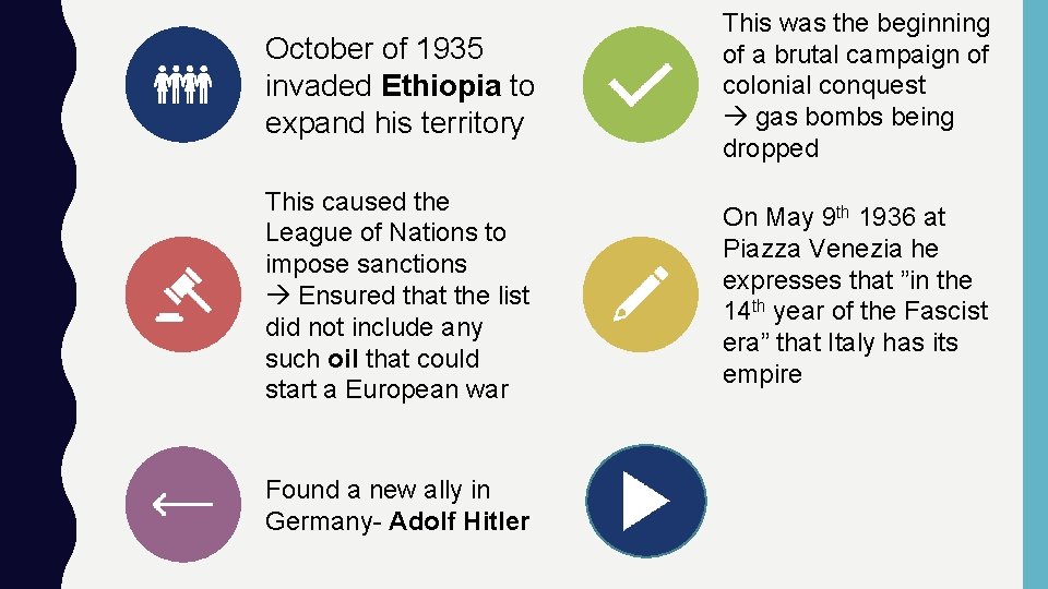 October of 1935 invaded Ethiopia to expand his territory This was the beginning of