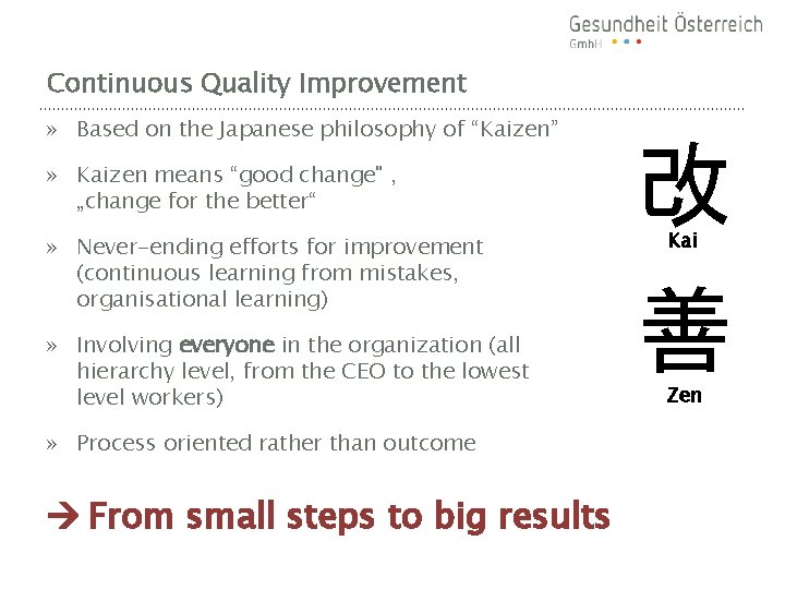 Continuous Quality Improvement » Based on the Japanese philosophy of “Kaizen” » Kaizen means