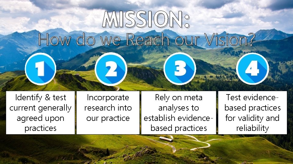 MISSION: How do we Reach our Vision? Identify & test current generally agreed upon