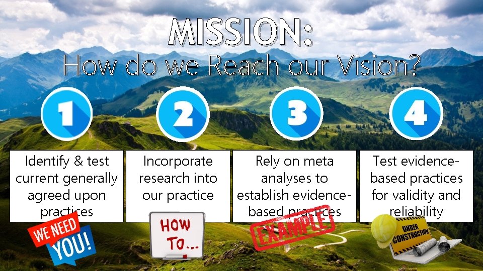 MISSION: How do we Reach our Vision? Identify & test current generally agreed upon