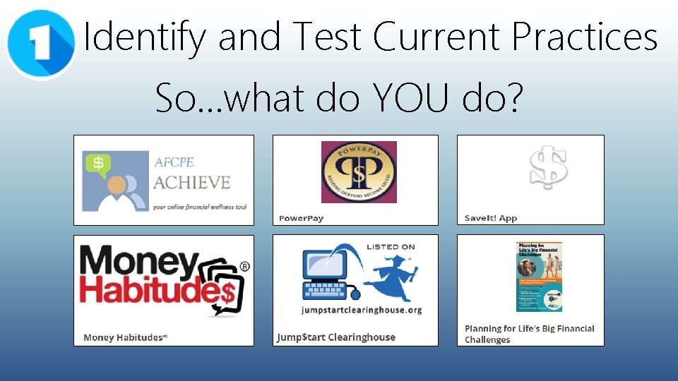 Identify and Test Current Practices So…what do YOU do? 