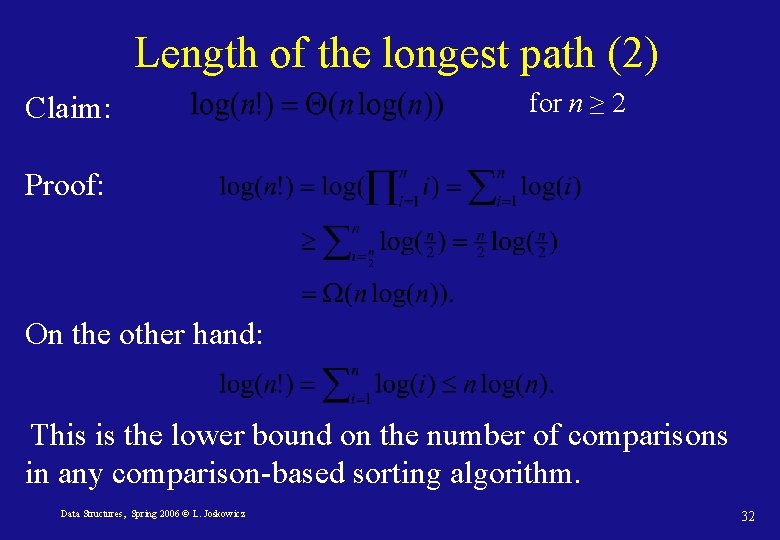 Length of the longest path (2) Claim: for n ≥ 2 Proof: On the