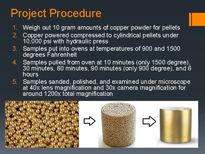 Project Procedure 1. Weigh out 10 gram amounts of copper powder for pellets 2.