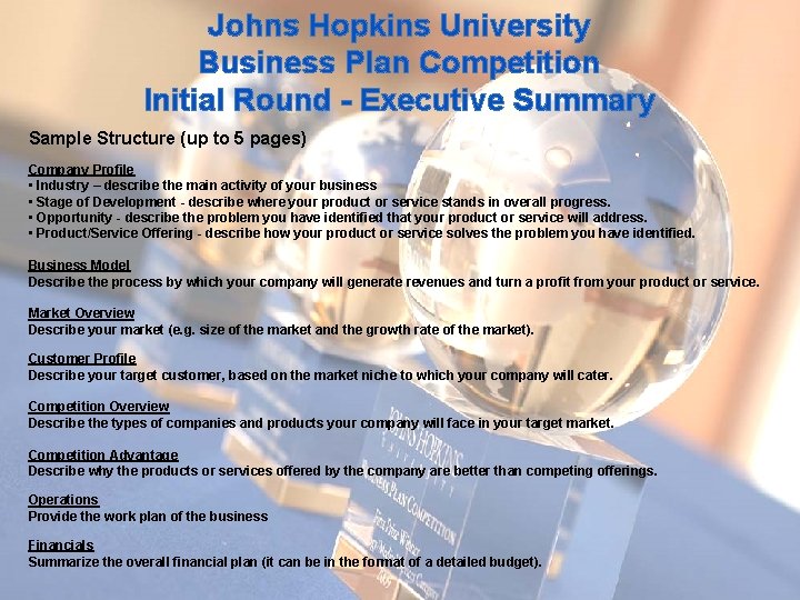 Johns Hopkins University Business Plan Competition Initial Round - Executive Summary Sample Structure (up