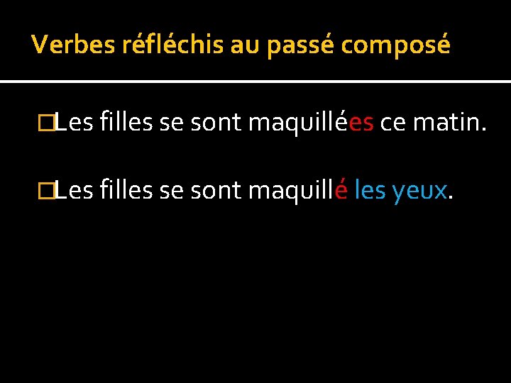 Verbes réfléchis au passé composé �Les filles se sont maquillées ce matin. �Les filles