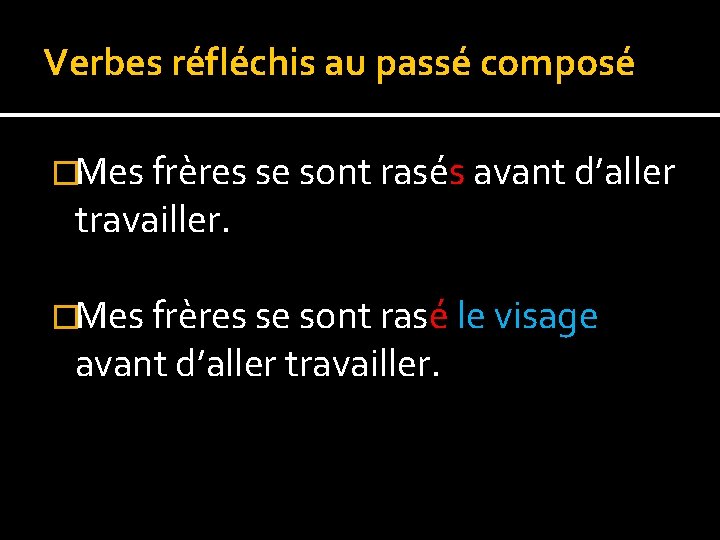 Verbes réfléchis au passé composé �Mes frères se sont rasés avant d’aller travailler. �Mes