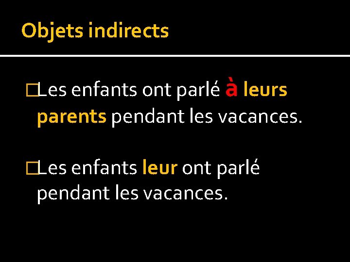 Objets indirects �Les enfants ont parlé à leurs parents pendant les vacances. �Les enfants