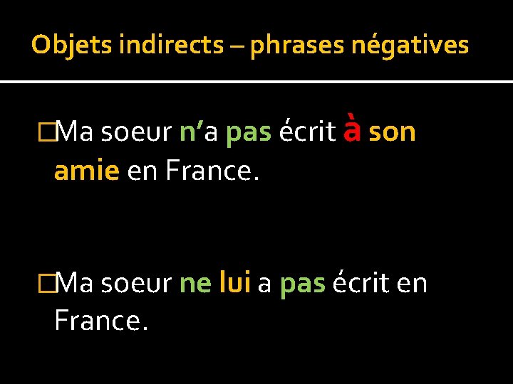 Objets indirects – phrases négatives �Ma soeur n’a pas écrit à son amie en
