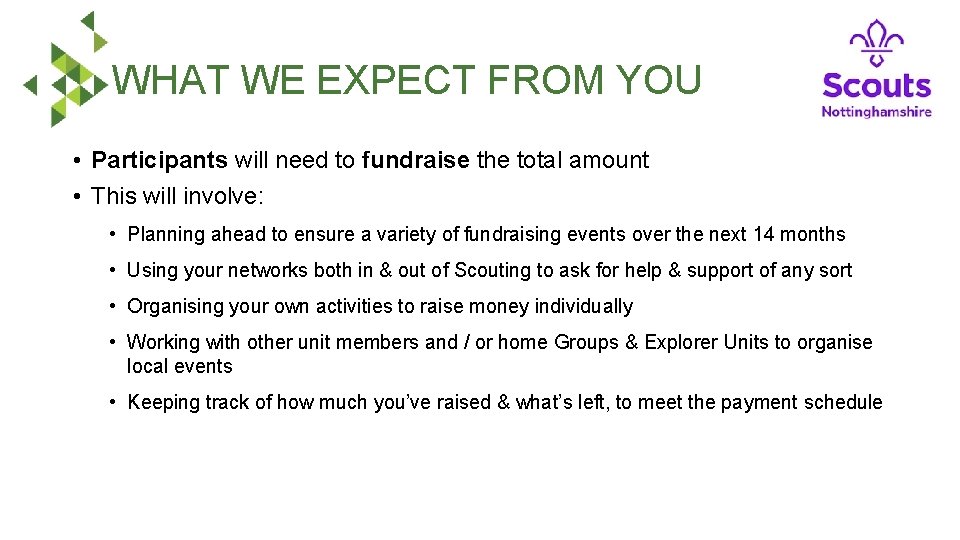 WHAT WE EXPECT FROM YOU • Participants will need to fundraise the total amount